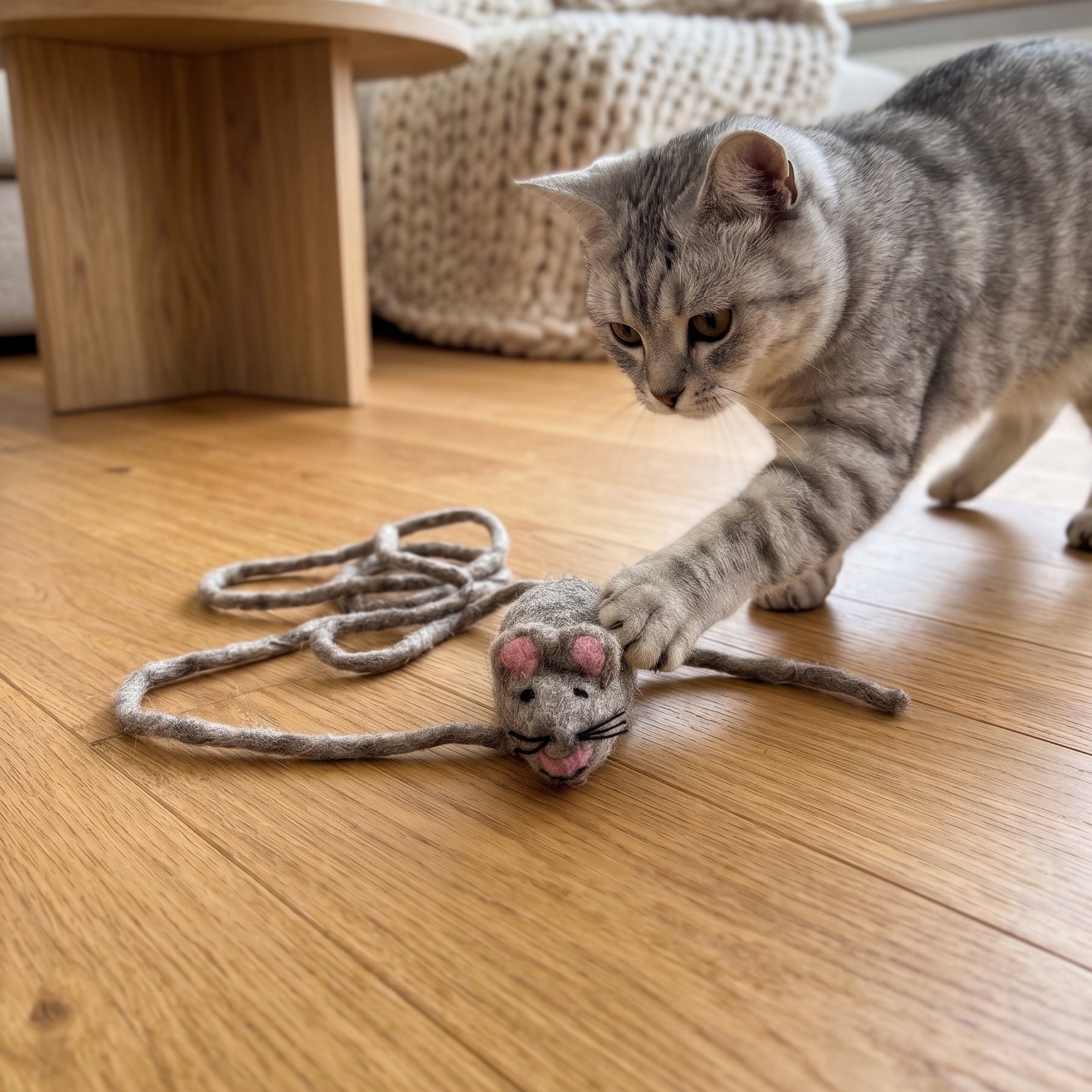 100% Natural Wool Felt Mouse Cat Toy | Villama - cat playing with a felt toy of a mouse