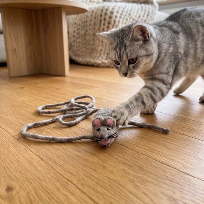 100% Natural Wool Felt Mouse Cat Toy | Villama - cat playing with a felt toy of a mouse