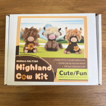 A felting needle set + instructions to create 3 cute highland cows.