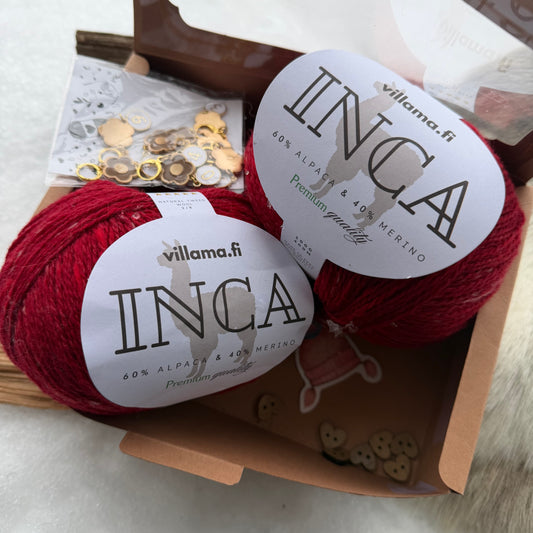 Ystävänpäivä Box 1: Inca Alpaca Tweed (200g) & Neulontatarvikkeet – Punainen