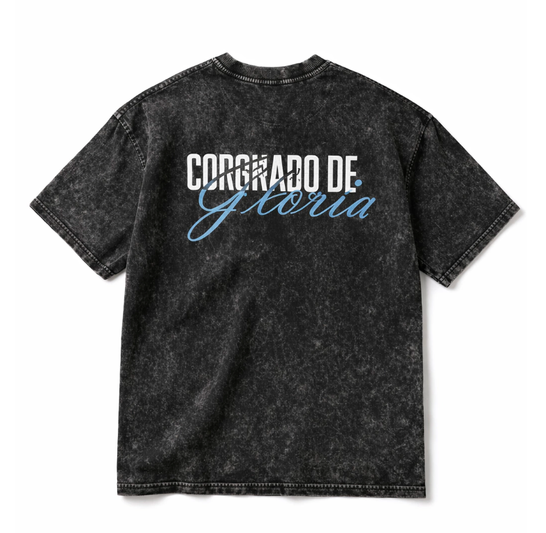Back of the t-shirt with the Spanish text "Coronados de Gloria" in a stylish font.