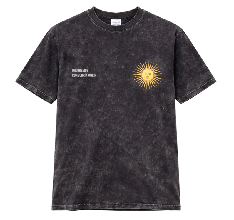 Man wearing a dark grey Argentine-themed lifestyle t-shirt in Size L.