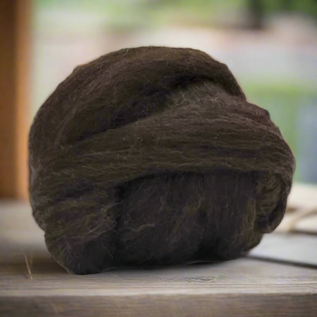 Dark brown felt outside on a table. Beatiful felt skein.